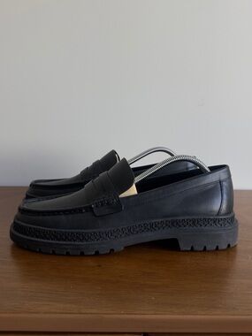 Coach Black Leather Lug-Sole Penny Loafers